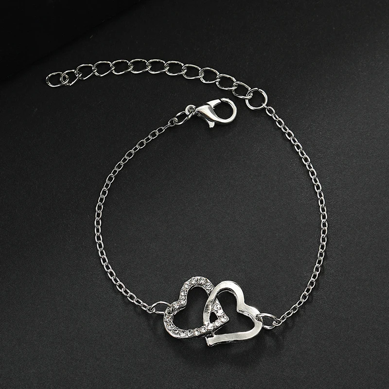 4Pcs Fashion Romantic Double Heart Interlocking Clavicle Chain Earrings Bracelet Rings For Women Girls Exquisite Jewelry Set