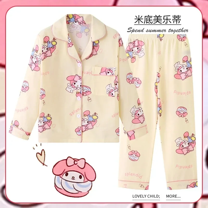 Kawaii Sanrio My Melody Kuromi Cinnamoroll Kids Long Sleeve Y2k Pajamas Cartoon Anime Thin Cardigan Cotton Casual Sleepwear Set