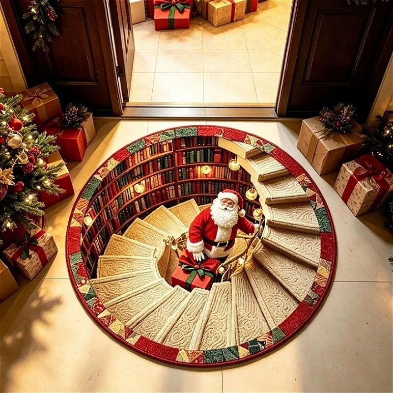 3D Illusion Santa Staircase Christmas Round Area Rug, Bookshelf Printed Floor Mat, Holiday Indoor Home Decoration