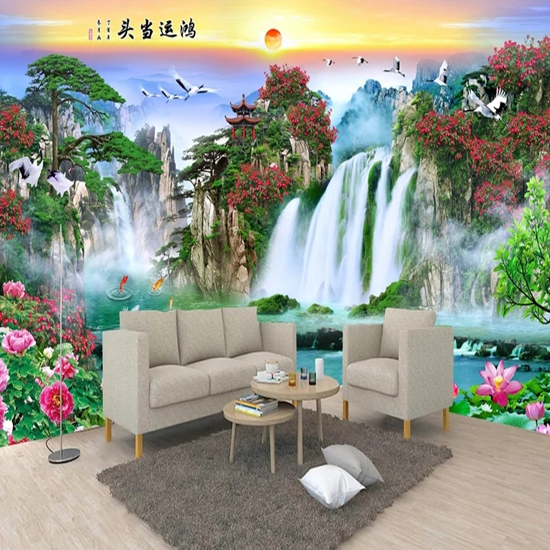 Custom 3D Photo Wallpaper Creative Beautiful Chinese Style Landscape Waterfall TV Background Wall Stickers 3D Papel De Parede