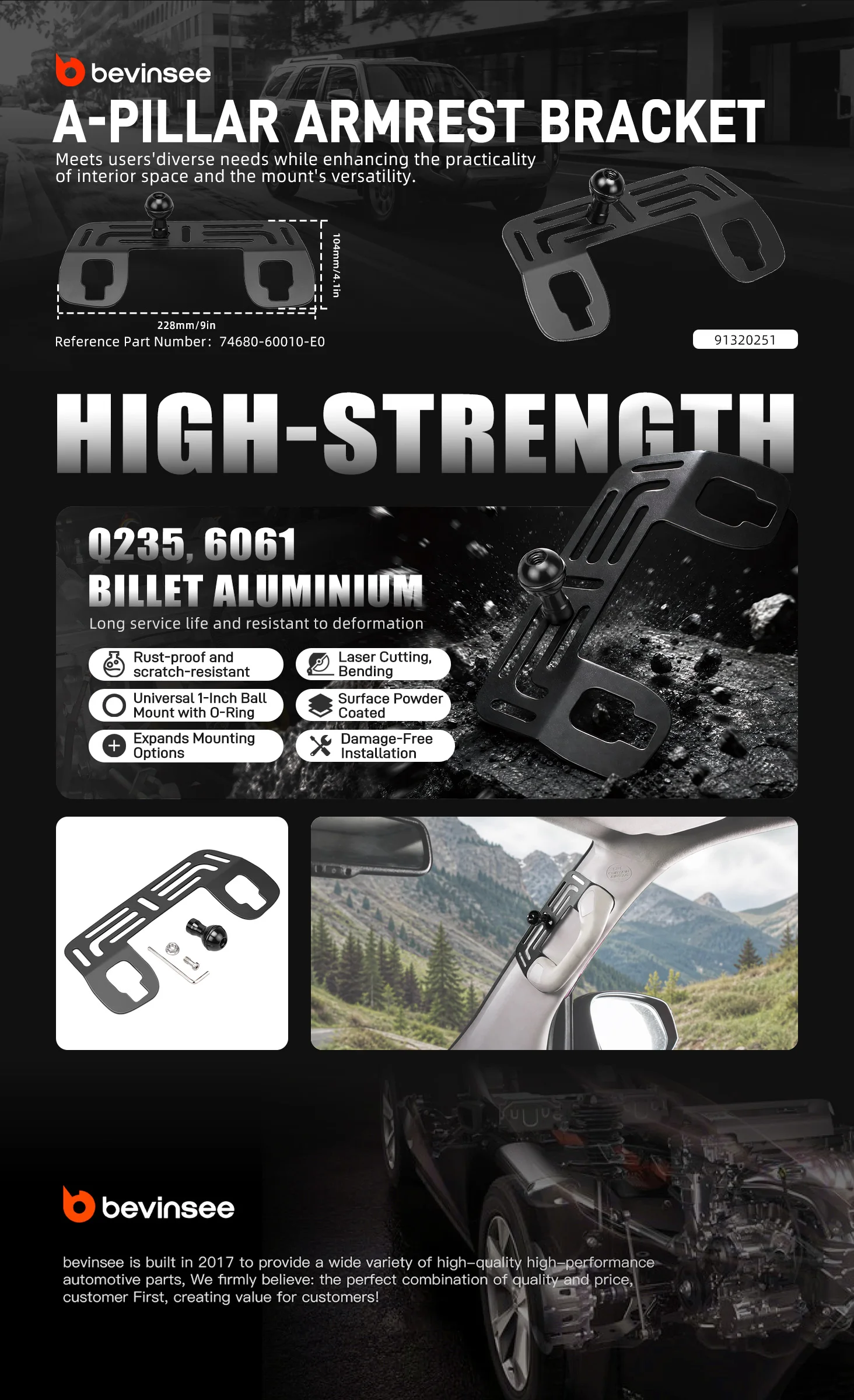 BEVINSEE A-Säulen-Armlehnenhalterung aus Billet-Aluminium für Toyota 4Runner 2010-2024, ersetzt 74680-60010-E0, verbessert den Innenraum des Autos – Detail 1