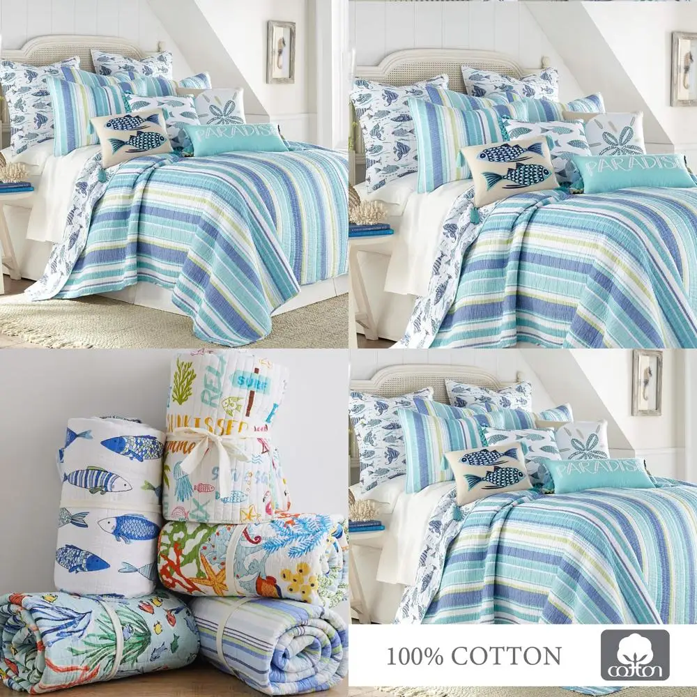 

Laida Beach Style Quilt Set for Full/Queen Size with Two Standard Pillow Shams - Featuring Green, Blue, and White Coastal Stripe
