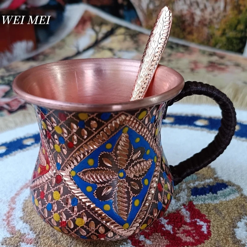 

Pattern Random Vintage Copper Coffee Mug,Camping Woven Handle Tea Cup,Handcrafted Multicolored Painting Unique Art Mug Tableware