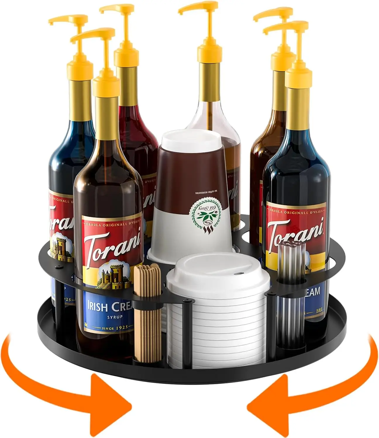 

Coffee Syrup Organizer 8 Bottles, Rotating Coffee Syrup Holder with Stirrers Storage for Syrup Bottles, Cup and Lid, Wi