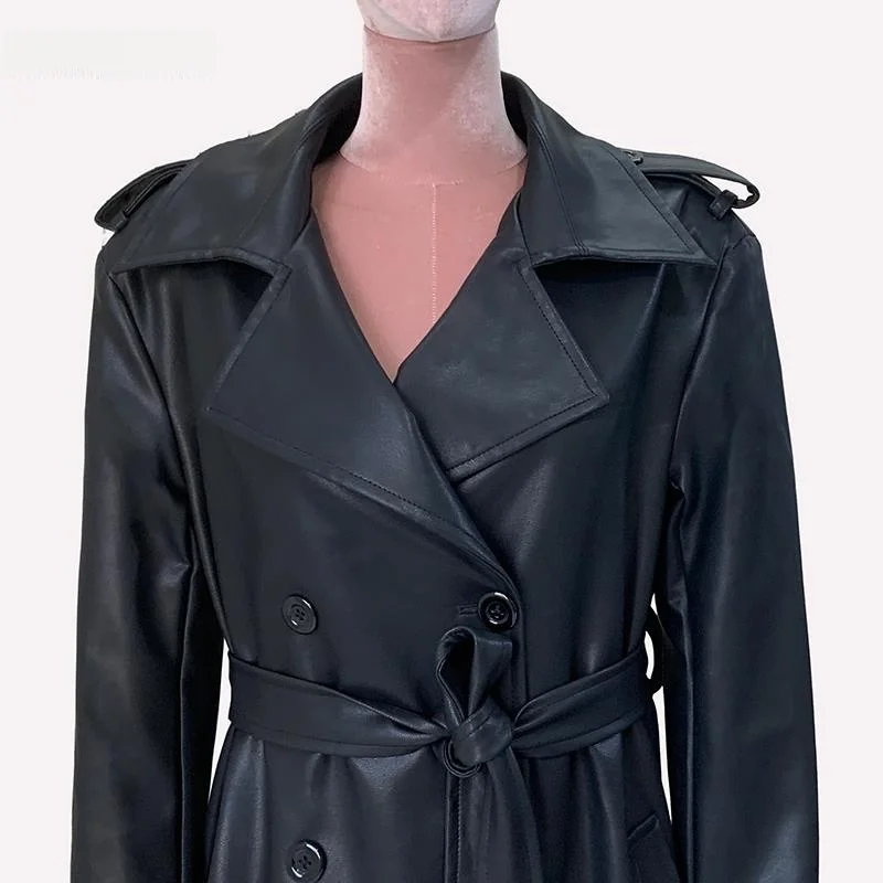 ネラッズーリ 韓国風 PUレザー ジャケット レディース エクストラロング ショルダーパッドコート 2024新作 ファッション 通勤 防風