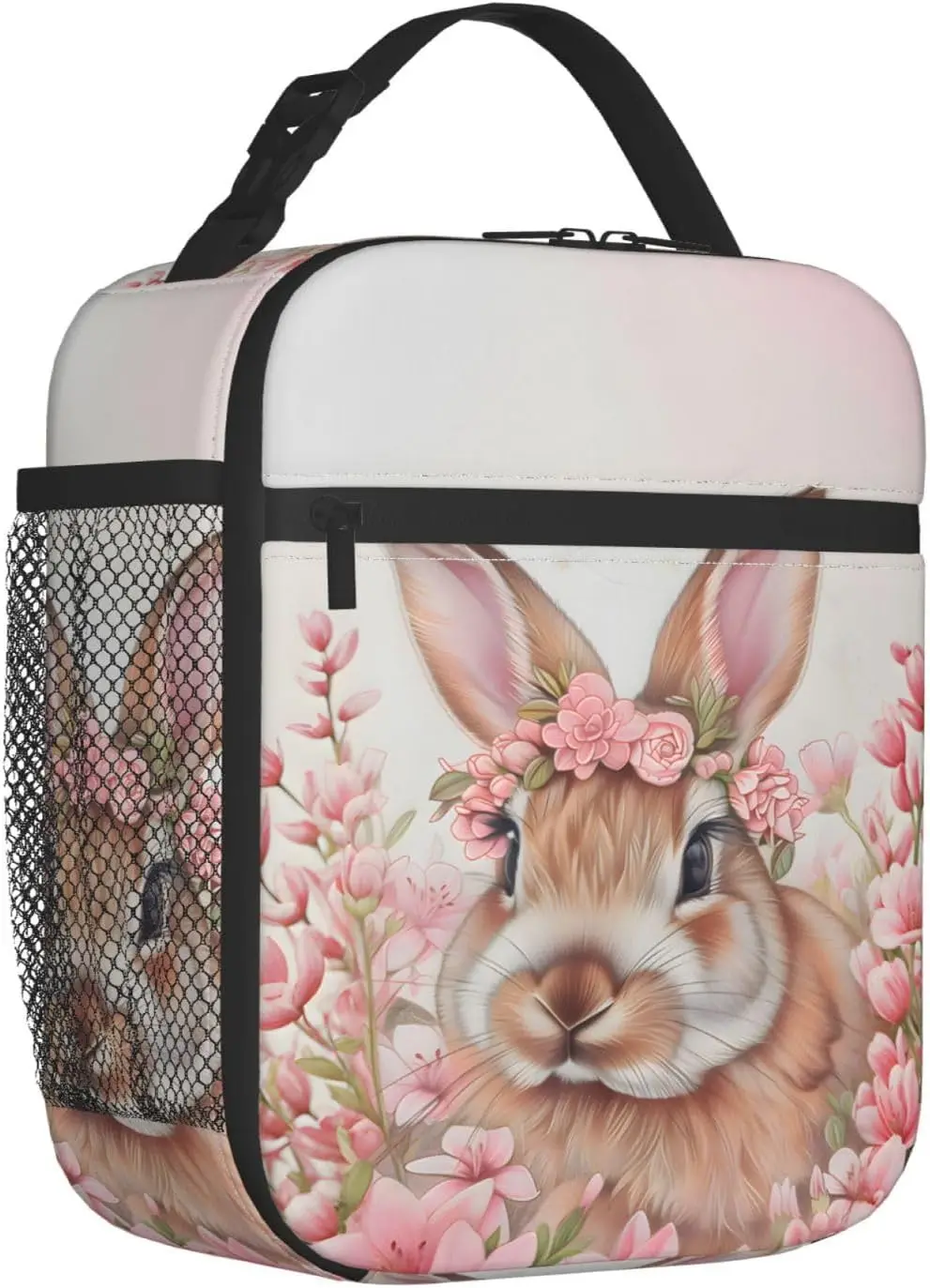 Portable Tote Bags with Cute Rabbit in Pink Blossom Design Waterproof Oxford Fabric Lunchbox for Women Work Picnic School