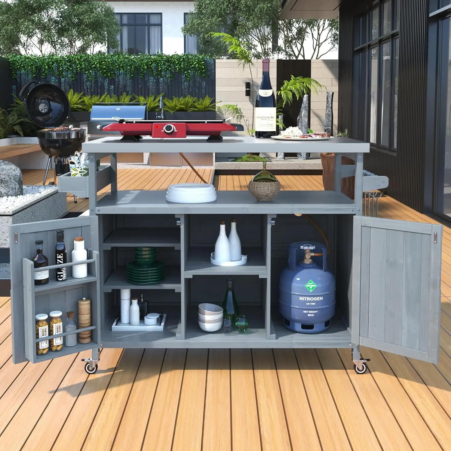 Isola da cucina per esterni, carrello e armadietti con barra avvolgibile, piano in acciaio inossidabile, portaspezie, portasciugamani da cucina e barbecue