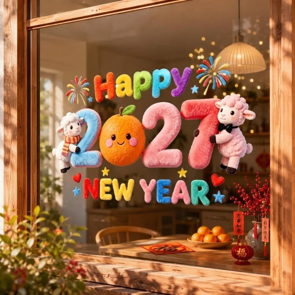 Colorful Happy New Year Window Stickers Large Size Waterproof 2027 Sheep Year Stickers Funny 2D Flat Print