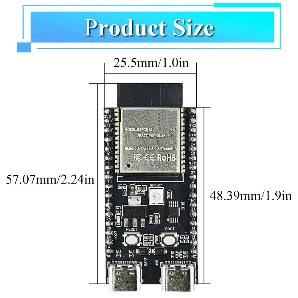 Płytka rozwojowa ESP32-C5, dwuzakresowy moduł WiFi 2.4G i 5GHz, ESP32-C5-DevKitC-1 N4, 4MB Flash, WIFI6, CH340, 30PIN TYPE-C — zdjęcie produktu 6