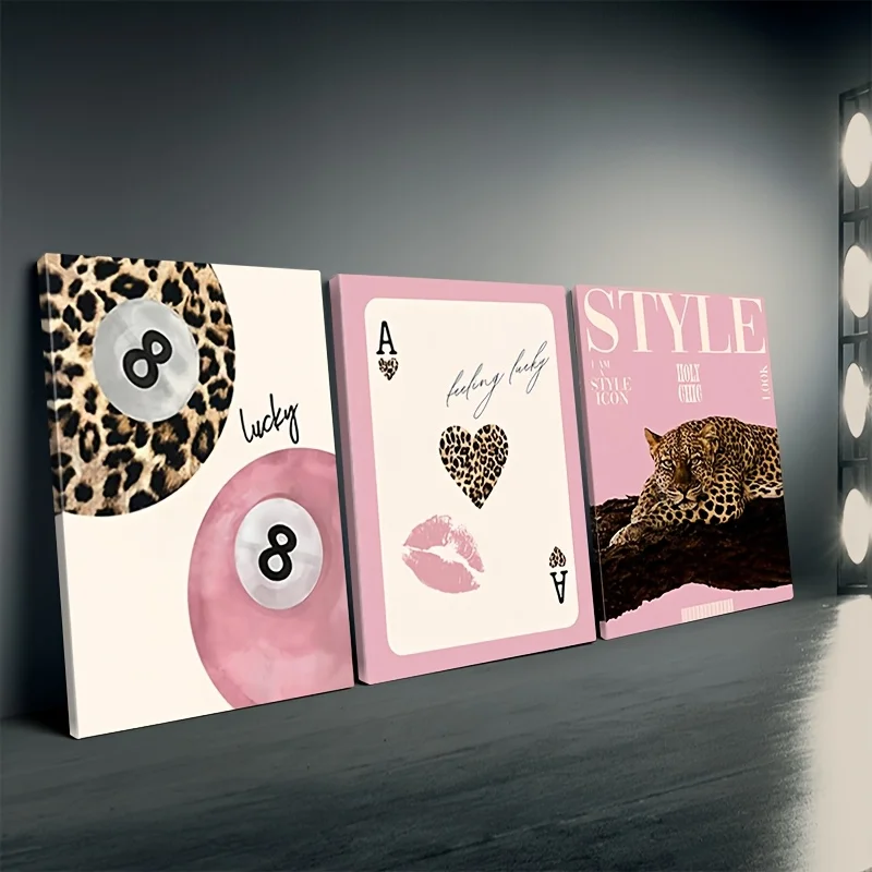 Conjunto de 3 Peças de Arte em Tela de Leopardo e Guepardo, Impressão Moderna Sem Moldura Impressão da Bola 8 da Sorte, Pintura em Tela para Decoração