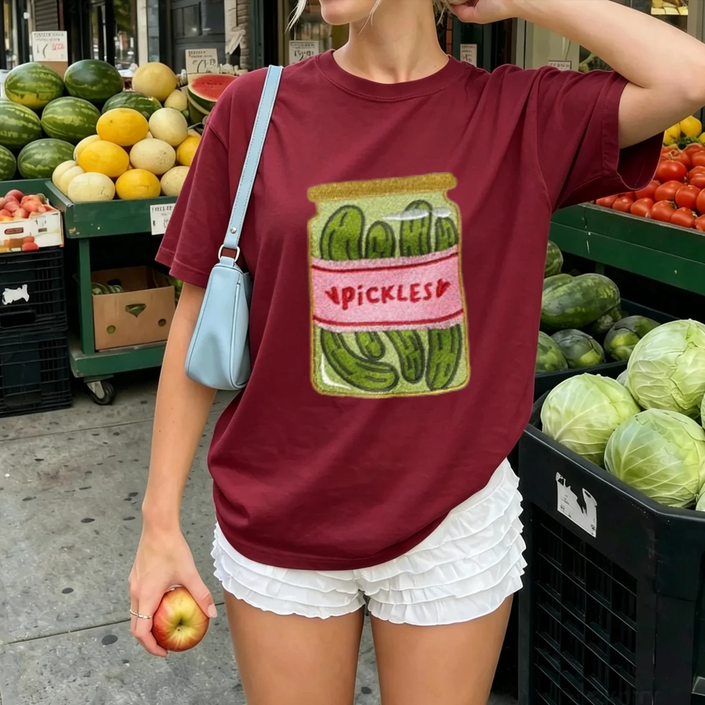 Cute Hand Drawn Glass Jar Pickled Cucumber Pickles Letter Print Women Cotton Tee Cottagecore Homemade Pickle Food Minimalist Tee