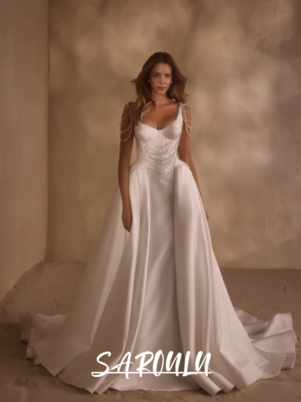 

Princess Pearls Tassel Wedding Dress Elegant Satin 2 in 1 Luxurious Bridal Gown Simple Flowing Modern Charming Women Wear