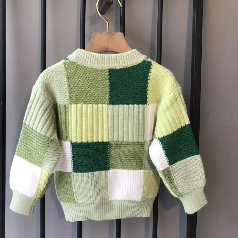 Boys' Knitted Sweater Spring and Autumn Korean Edition Children's Checker Loose Bottom Winter Kids Baby Sweater