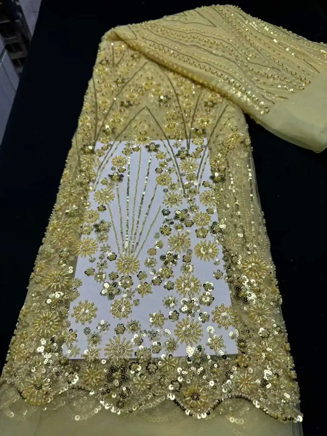 

Yellow African Beaded Lace Fabric 2026 High-Quality Nigerian French Sequined Mesh Lace Fabric Ideal for Wedding Party Dresses