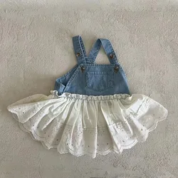 Autumn New Cute Baby Girls Sleeveless Denim Strap Dress Splicing Infant Embroidered Bear Dress Fashion Kids Loose Princess Dress