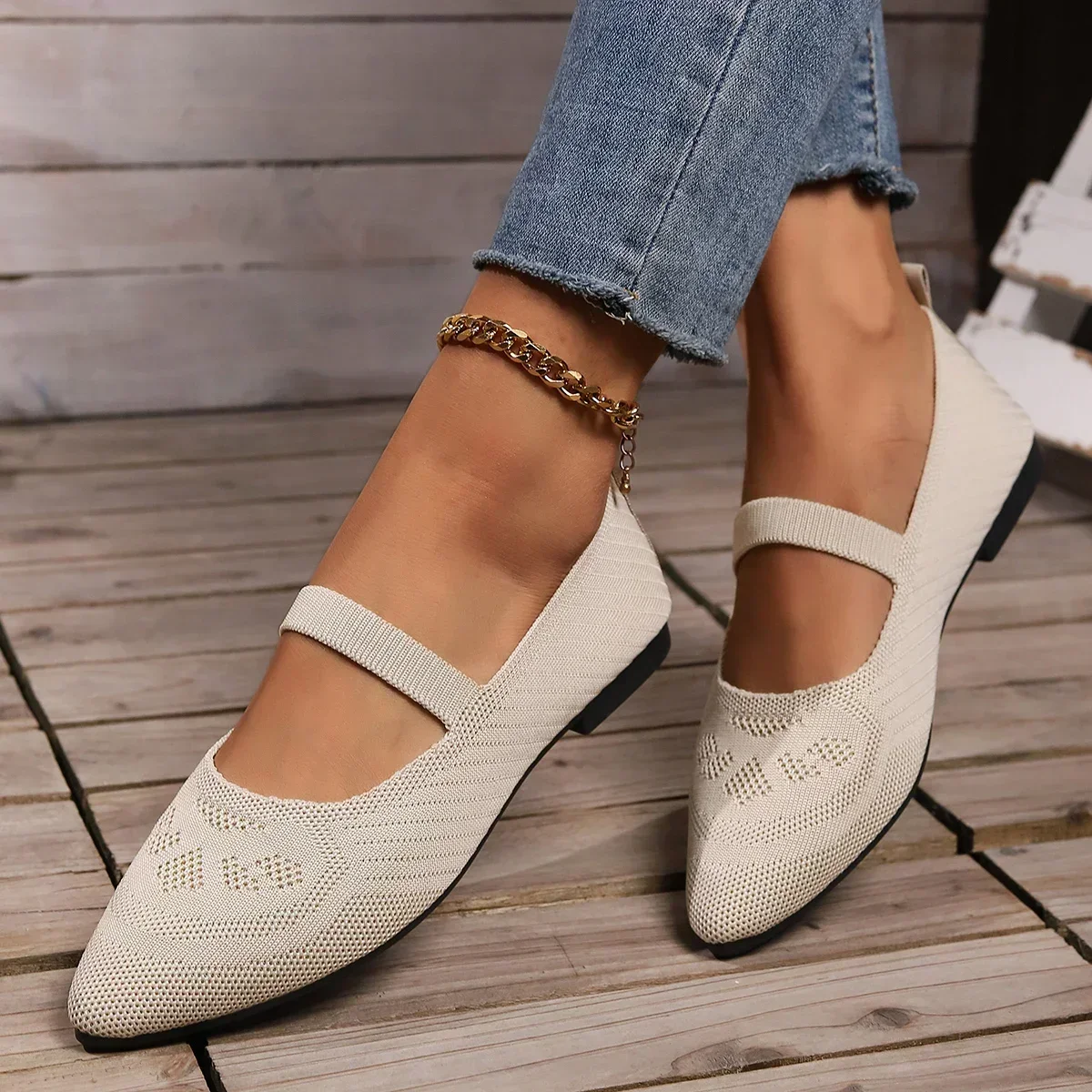 Women Pointed Toe Flat Shoes Solid Color Knitted Shoes Casual Breathable Ballet Flats Women Loafers Zapatos Mujer 2024 Tendencia