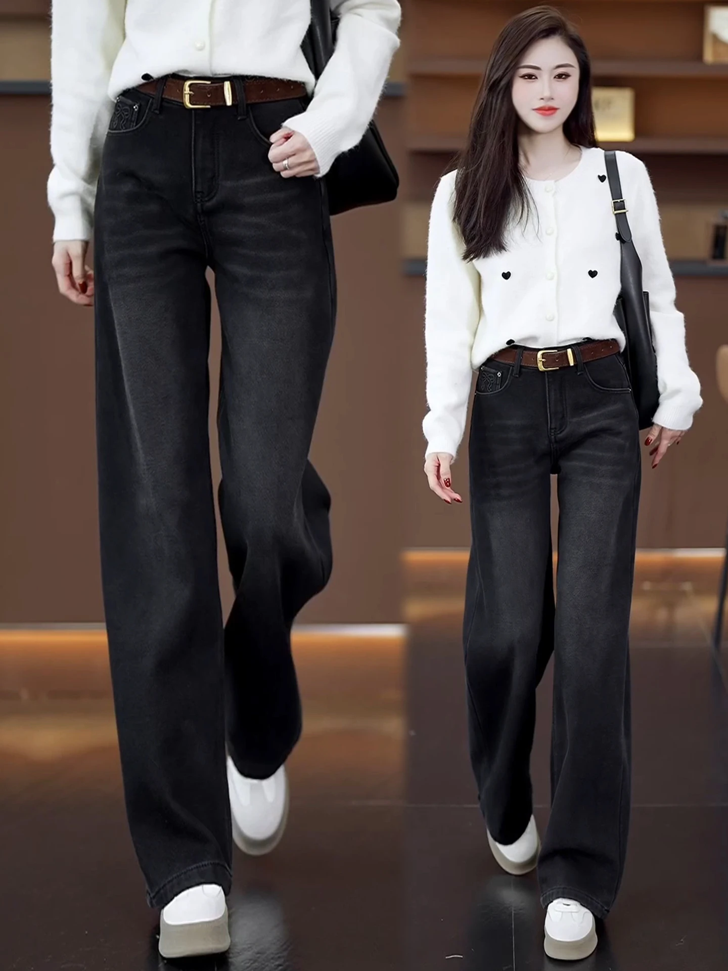 

Retro Slim Wide Leg Denim Jeans Women's Autumn Winter High Waist Slimming Casual Loose Fleece Straight Leg Pants