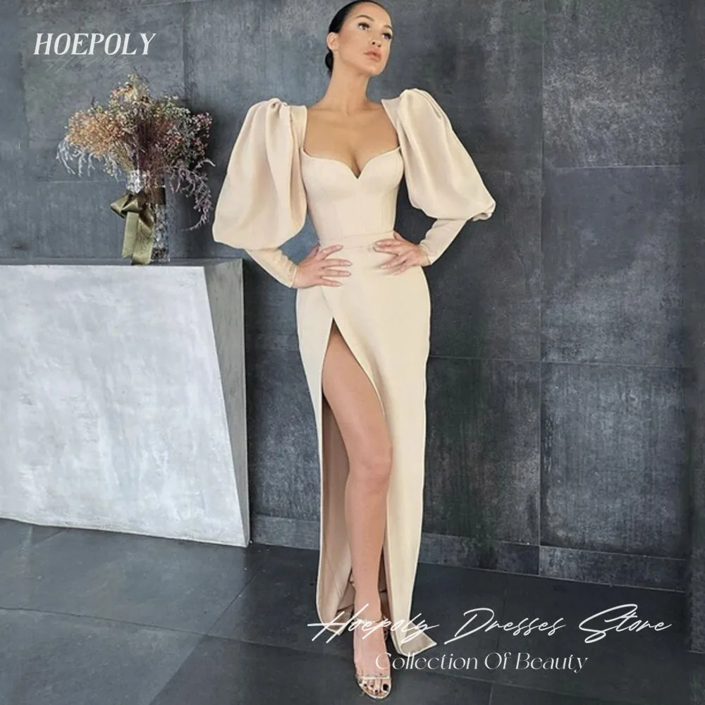 

Hoepoly Modern Style Mermaid Prom Dresses V-Neck Long Sleeve Split Formal Evening Dress Floor-Length Satin Party Gowns Custom