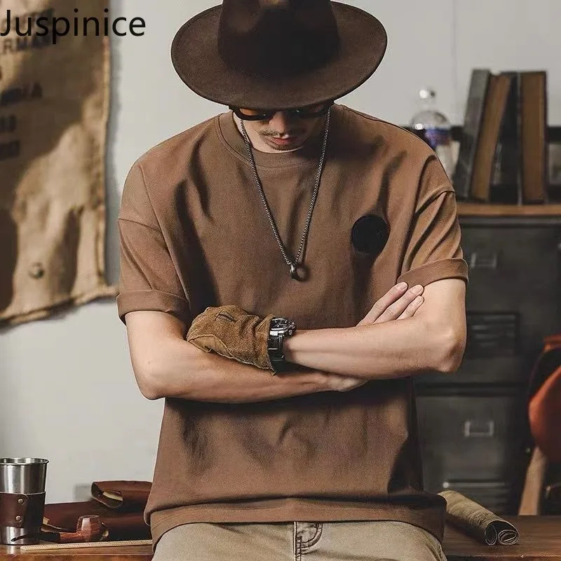 

Juspinice Korean Fashion Short Sleeved T-shirt Men's Summer 2025 New Loose Casual Round Neck Solid Color Top Male Clothing