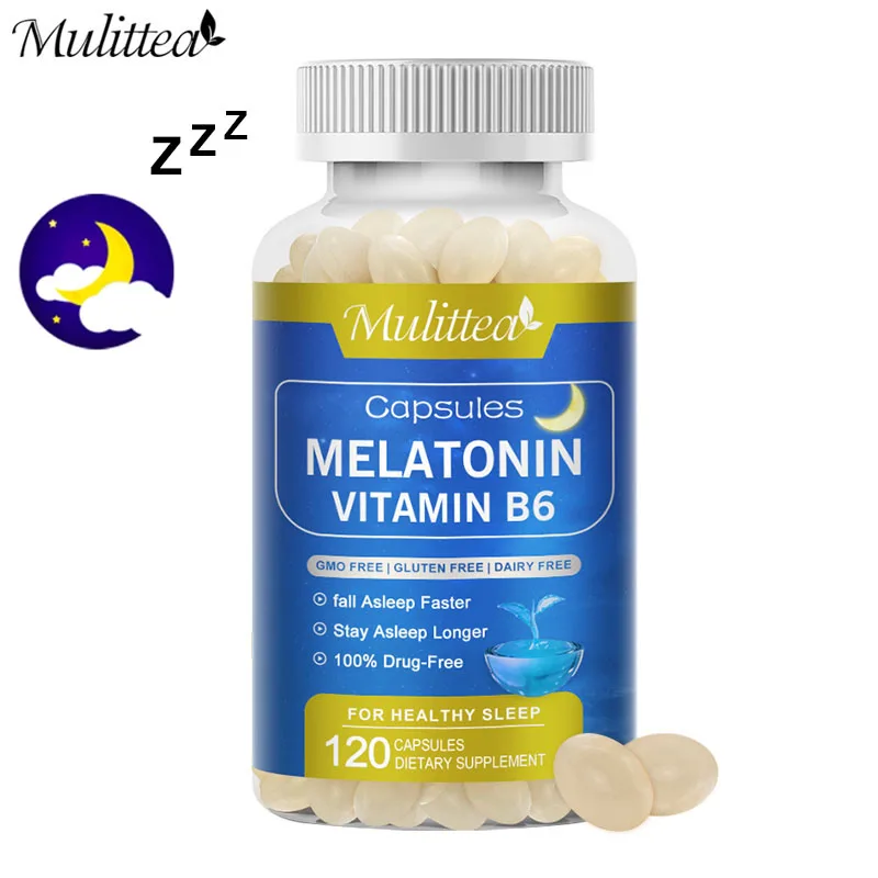 Mulittea Melatonin capusles เพื่อการนอนหลับที่ดีต่อสุขภาพ บรรเทาอาการนอนไม่หลับ ช่วยปรับปรุงคุณภาพการนอนหลับและนอนหลับลึก บรรเทาอาการนอนไม่หลับ