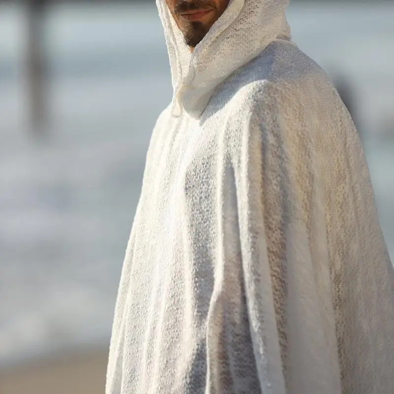 Casual Hooded Men's Fashionable Cloak Coat Thickened Long Style Business Scene Suitable Windbreaker with Tassel Detail