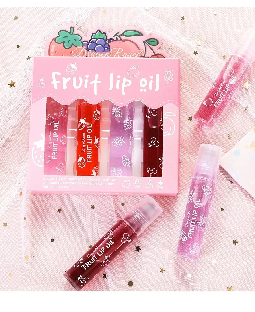 Heallor Lip Olie Fruit Lipgloss Transparante Lip Olie Hydraterende Reducerende Lijnen Voedt Cosmetica Make-Up 4 Stks/doos