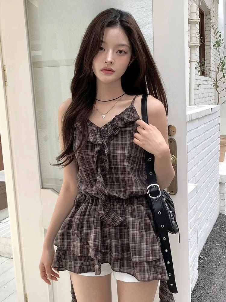 Summer Plaid Strap Dress Women's French Style Cotton Polyester Gored Hem Vintage Checkered Print off Shoulder  Dress