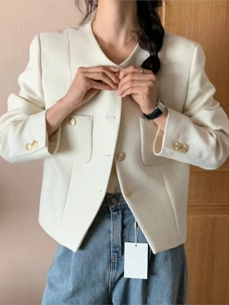 

Autumn Korean Basic Tweed Short Women Coat Fashion Single Breasted O Neck Top Jacket Spring Elegant Casual Female Clothes Outfit
