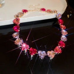 FYUAN Luxury Pink Heart Crystal Choker Necklaces for Women Geometric Clavicle Chain Necklaces Party Wedding Jewelry