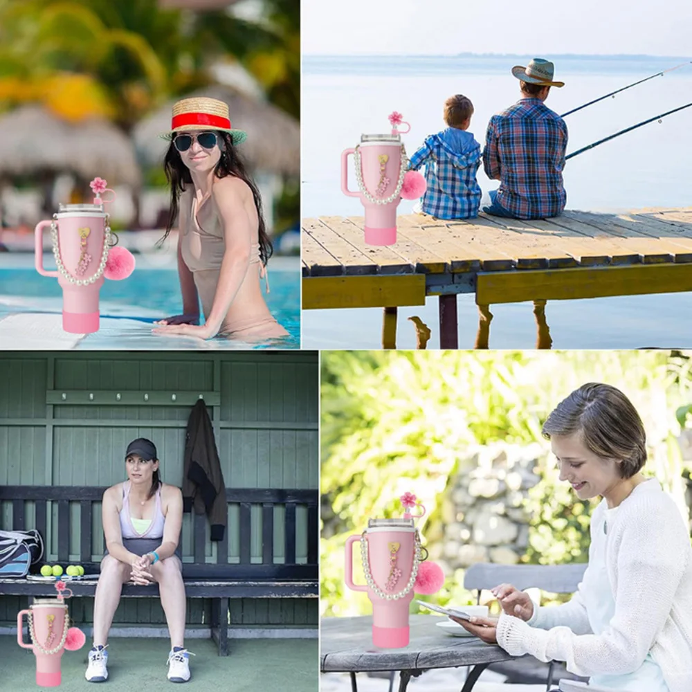 7Pcs Cup Accessories Set for 40oz Stanley - Water Bottle Handle Strap,Silicone Flower Straw Topper Cover Cap, Silicone Boot