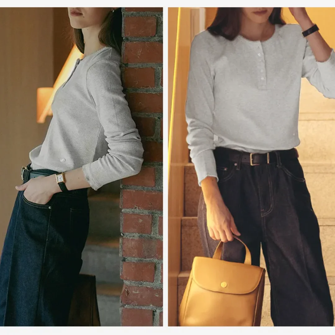 Elegant Cotton T Shirts Solid Long Sleeve Base Top Shirt Round Neck Single Breasted Gary Pullover Tops Women T-shirt Streetwear