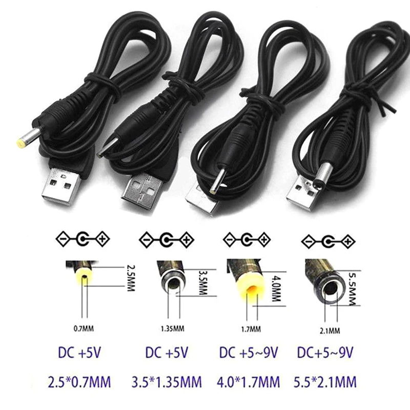 Porta USB para DC Barrel Jack Cabo de Alimentação, Conector do Cabo, Preto, 2.5mm, 3.5mm, 4.0mm, 5.5mm, 5V