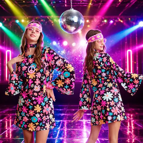 60-70-tals discoklänning 7-delad hippiekostym för kvinnor tryck retrostil kläder accessoarer smycken halloweendräkter 6 best sales 60- och 70-talsklänningar - №2