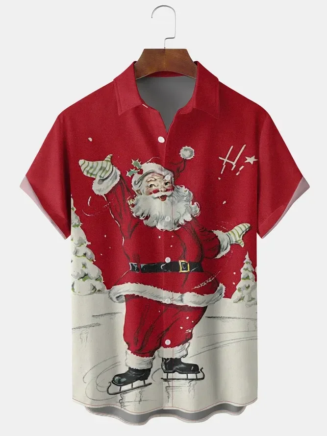 New Hawaiian Christmas Shirts for Men Santa Print Casual Breathable Short Sleeve Summer Tops US Size Hangover Shirt