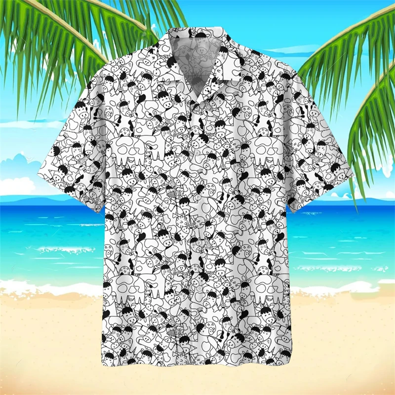 

Men Street Fashion Summer Daily Shirt Hawaiian Manga Cow Print Casual Oversized Breathable Shirts Short Sleeve Beach Blouses