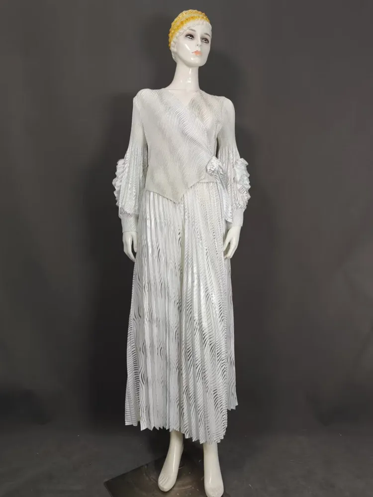 Eeonovni miyake design plissado vestido feminino bronzeamento decote em v manga floral reunidos cintura vestidos de festa 2025 novas roupas 1a933