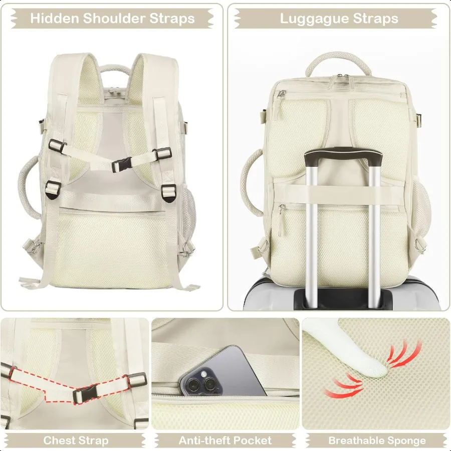 Extra Large Travel Backpack 40L for Women Beige