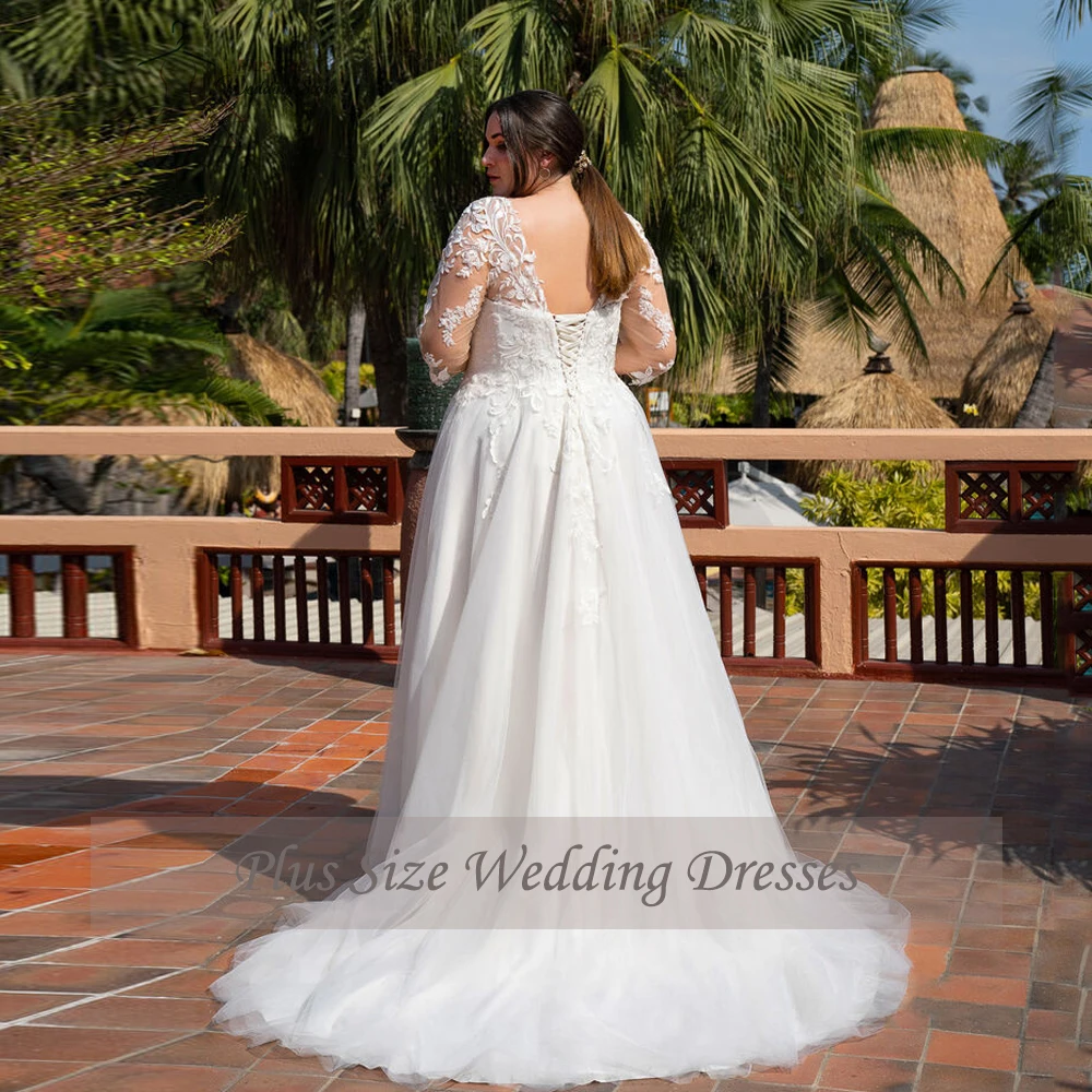 Classic Tulle Wedding Dresses Plus Size V Neck 3/4 Sleeves Bride Gowns Appliques Back Lace Up Sweep Train A-Line Robe De Mariee