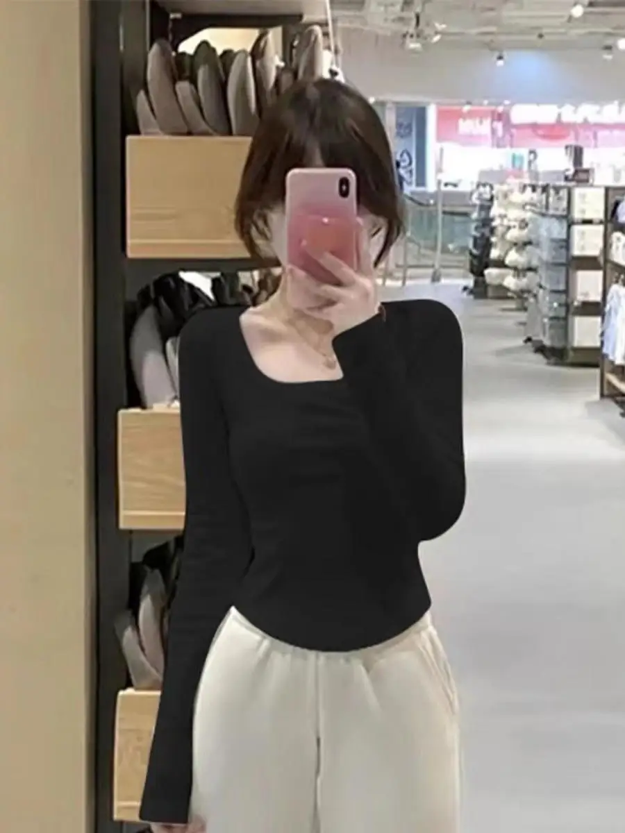 Fleece Lined Long Sleeve T-Shirt Women's Short U-Neck Slim Fit Warmth Enhancement Base Layer Shirt Sweet Style Polyester Blend
