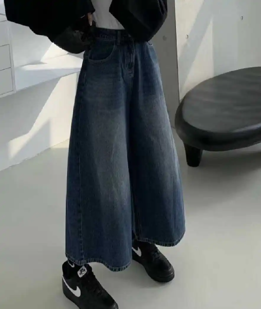 

American Style Vintage High Waist Wide Leg Jeans Women's Spring Autumn Short Trousers Lazy Loose Fit Eighteen Inches