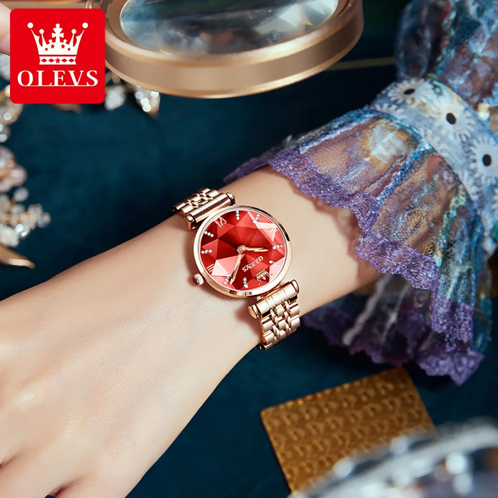 OLEVS Original Prismatic Diamond Watch Fashion Luxury Watches for Women Fine Classy Steel Analog Quartz Watch
