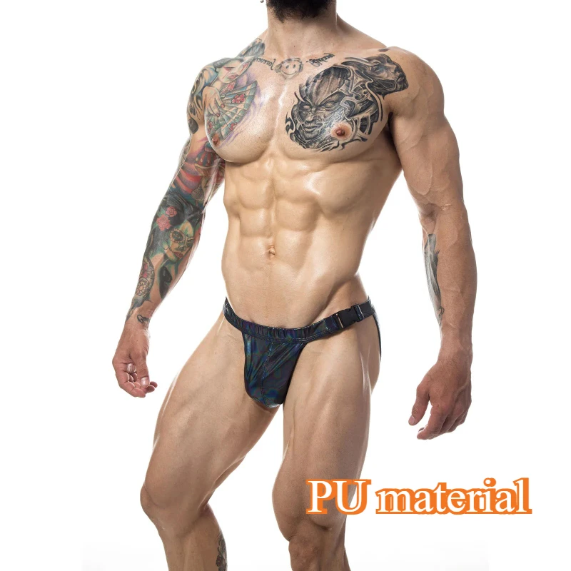 

Man PU Leather Swimwear Swim Briefs Sexy Bikini Bathing Beach Swimming Trunks Shorts Swimsuit Buckle Tanga Boxers Underwear