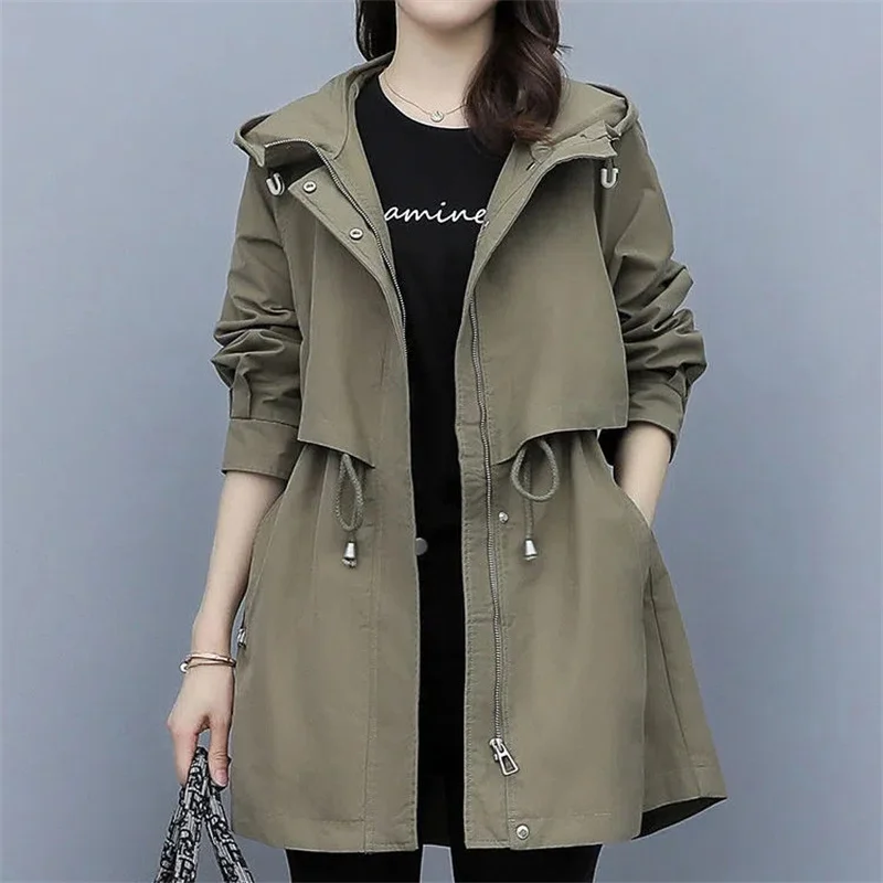 

2024 Spring Autumn Women's Mid-length Trench Coat Hooded Zipper Jackets British Style Loose Windbreakers Coats Women's Clothing