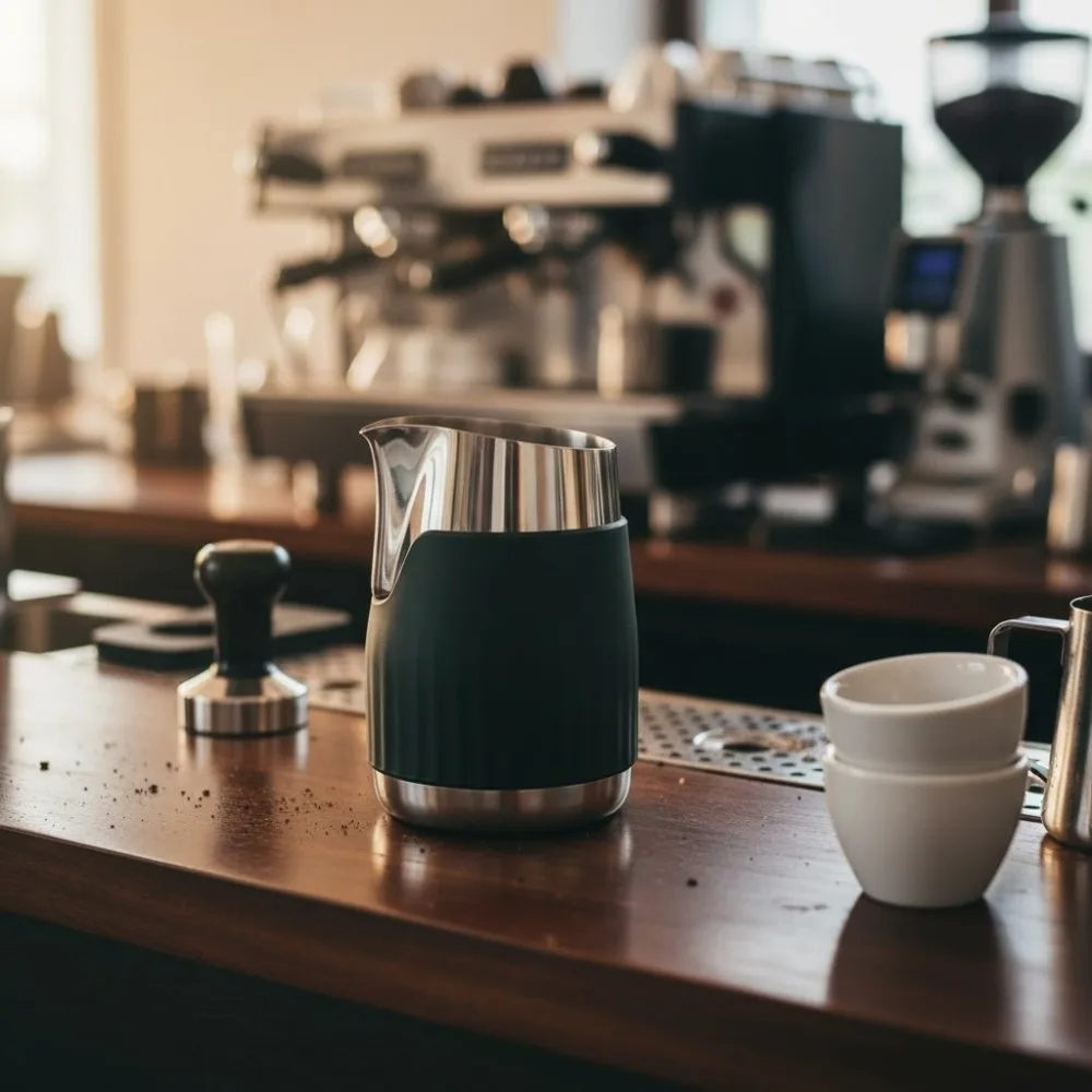 304 Stainless Steel Milk Frothing Pitcher Anti‑scald Tipped Spout Latte Art Cup Silicone Insulated Sleeve with Scaling
