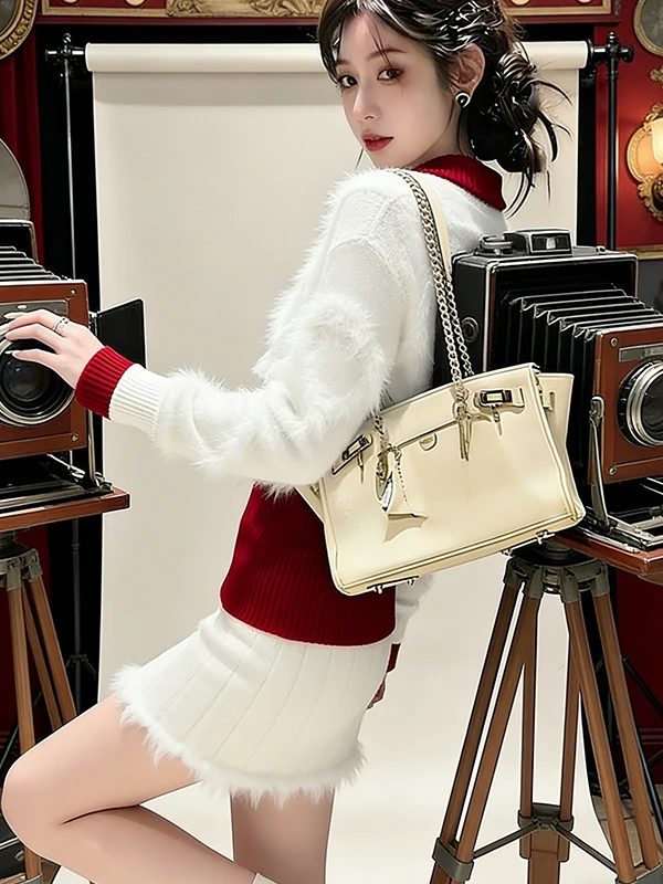 

College Sle Knitted Set Women's Faion Inner Wear Top And Skirt Red And White Autumn Winter Warm High Waist Skirt