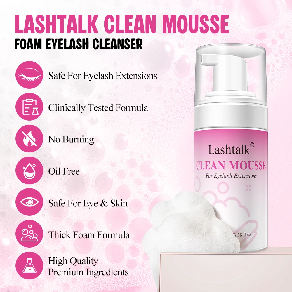 Lashtalk Eyelash Cleaner Mousse Shampoo with Cleansing Brush Lash Wand Coconut-Derived Gentle Formula Safe for Lash Salon 100ml