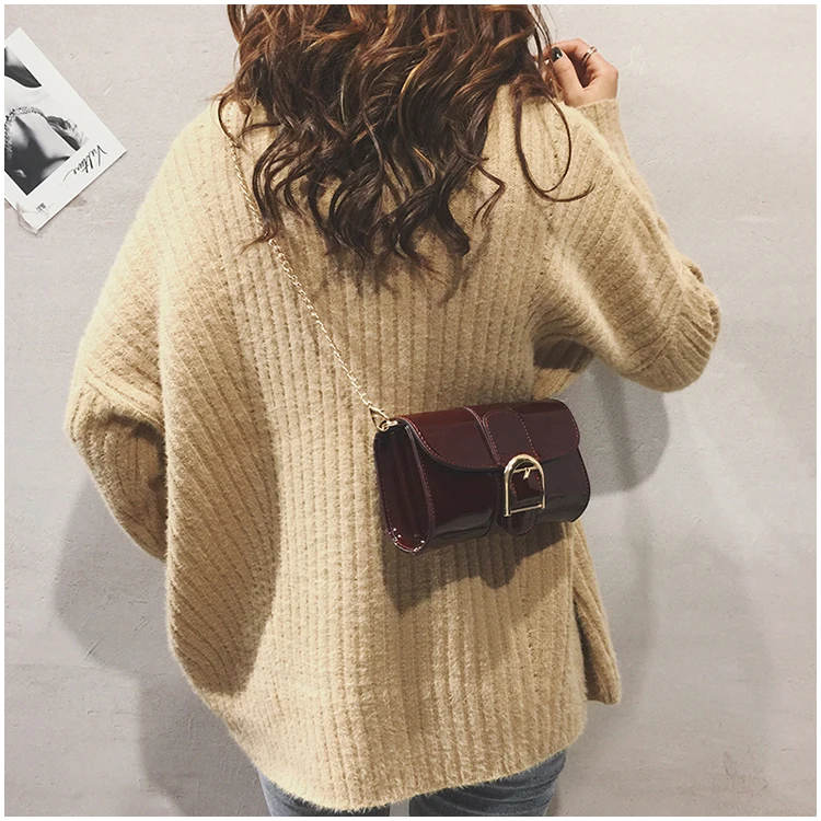 Fashion Popular Patent Leather Crossbody Bags Women Korean New Versatile Chains Mini Day Clutches Wine Red Casual Shoulder Bags