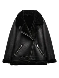 Ly Varey Lin Winter Faux Lamb Leather Jacket Women Faux Leather Lambs Wool Fur Collar Pu Moto Zipper Jacket Warm Thick Outerwear