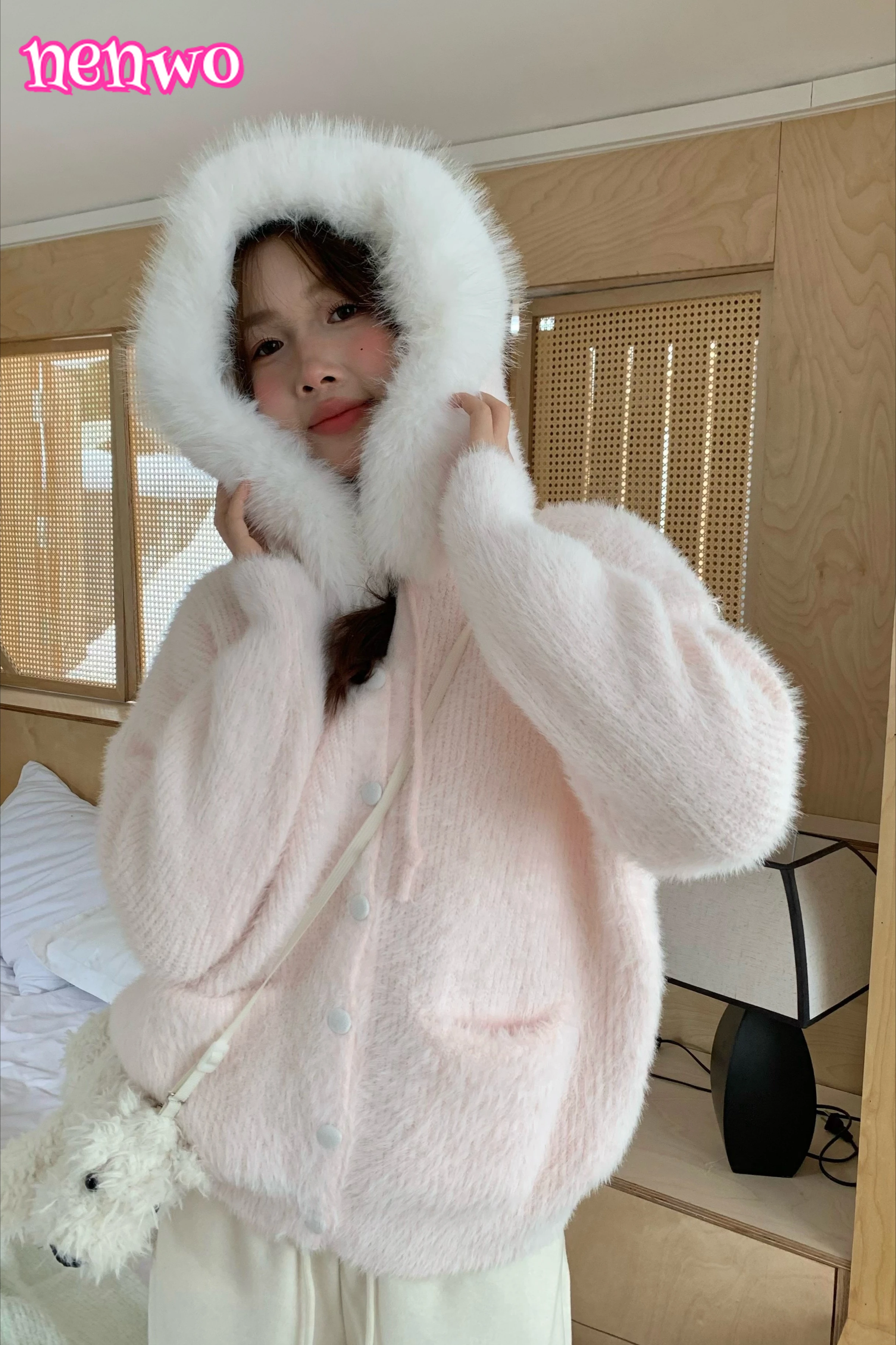 

Soft Cozy Pure Color Knitted Loose Sweater Cardigan Coat with Big Fur Collar Comfortable Hooded Long Sleeve for Fall and Winter