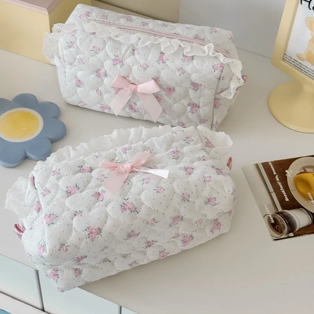 Pencil Pouch Flower Makeup Bag Bow Laca Cosmetic Bag Small Size Pink Zipper Wallet Daily Use
